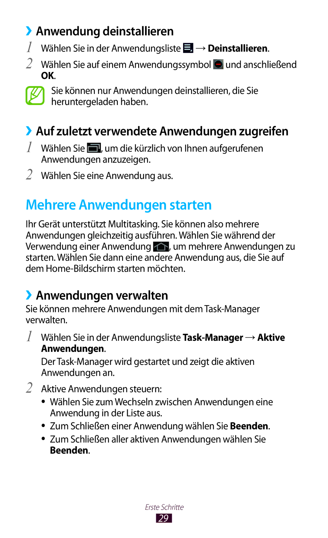 Samsung GT-P7500UWDMOB, GT-P7500UWEDBT Mehrere Anwendungen starten, ››Anwendung deinstallieren, ››Anwendungen verwalten 