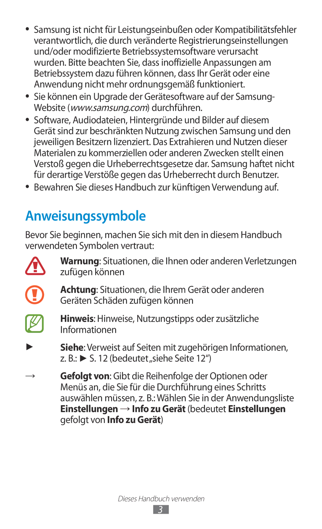 Samsung GT-P7500ZWAATO, GT-P7500UWEDBT manual Anweisungssymbole, Bewahren Sie dieses Handbuch zur künftigen Verwendung auf 