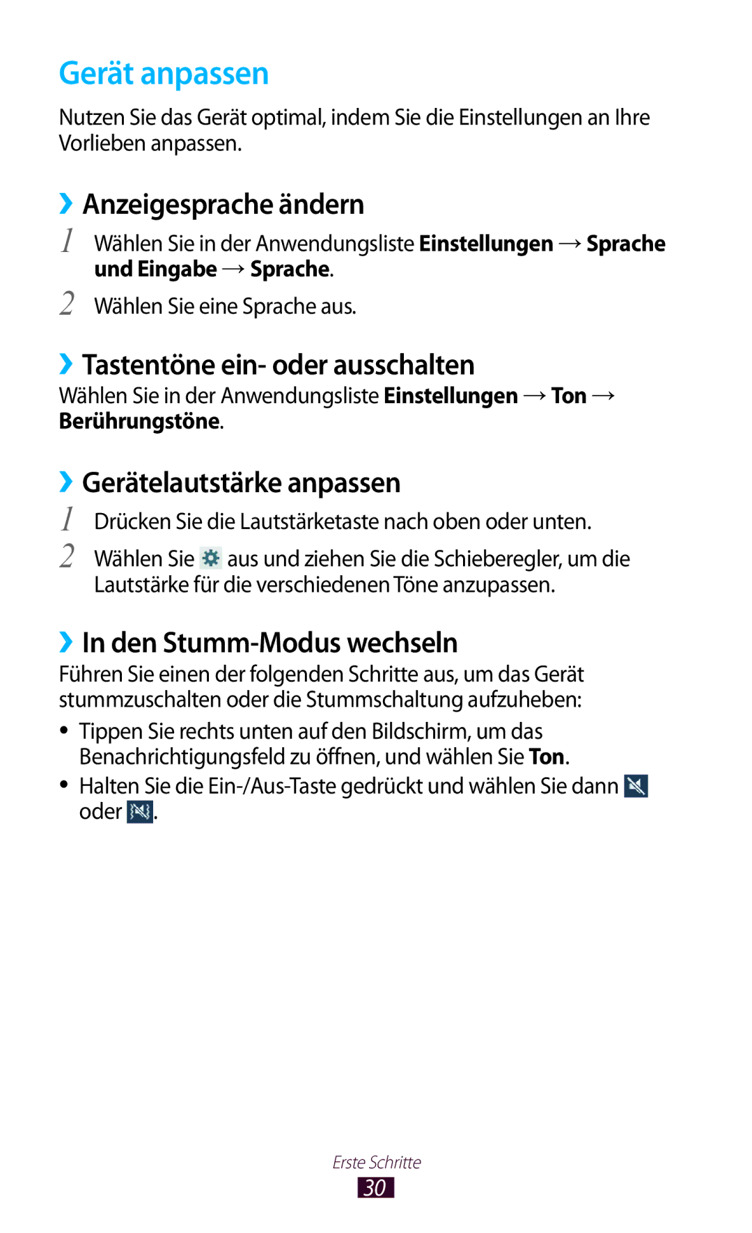 Samsung GT-P7500FKADBT, GT-P7500UWEDBT manual Gerät anpassen, ››Anzeigesprache ändern, ››Tastentöne ein- oder ausschalten 