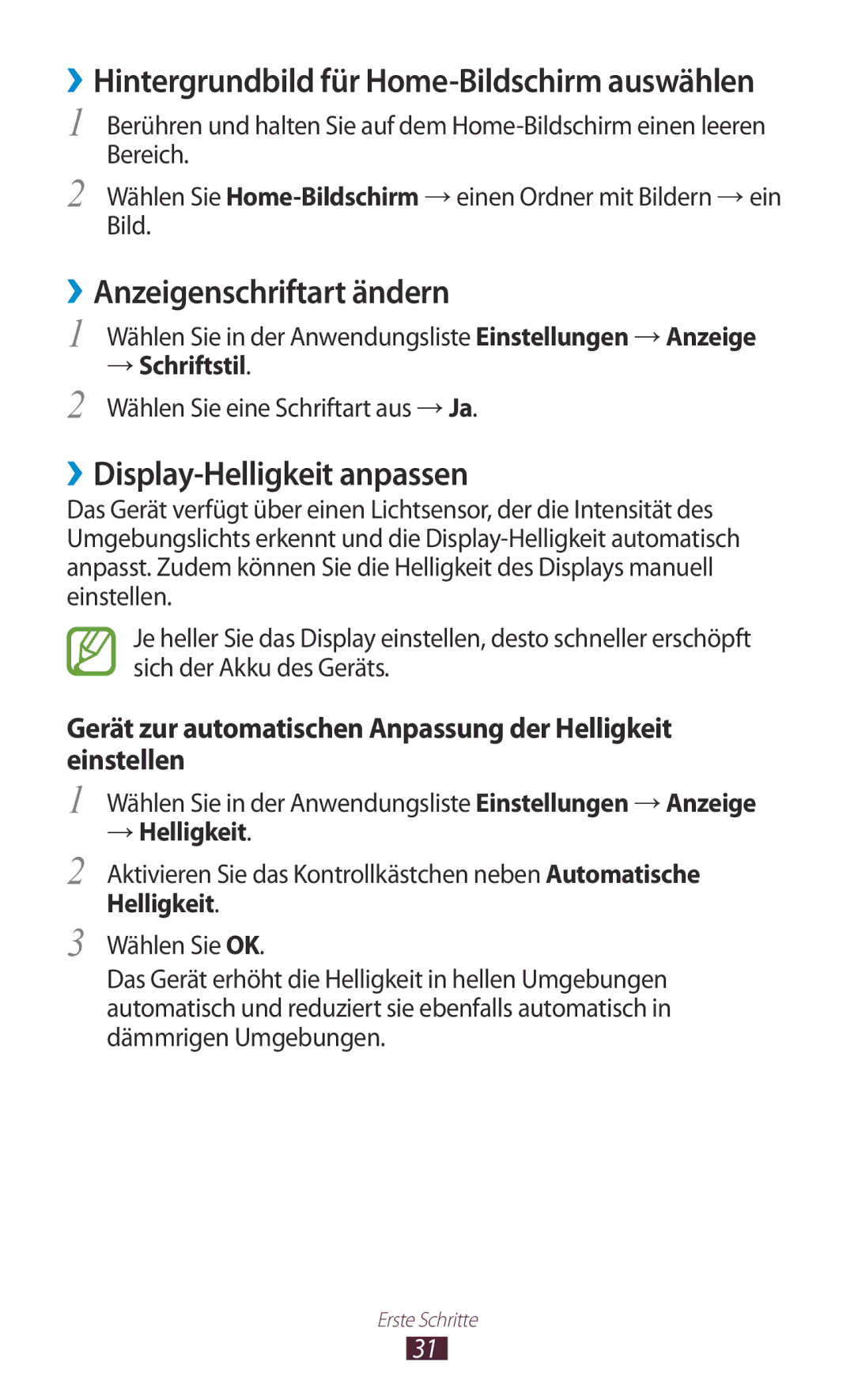 Samsung GT-P7500UWDXEO manual ››Anzeigenschriftart ändern, ››Display-Helligkeit anpassen, → Schriftstil, → Helligkeit 