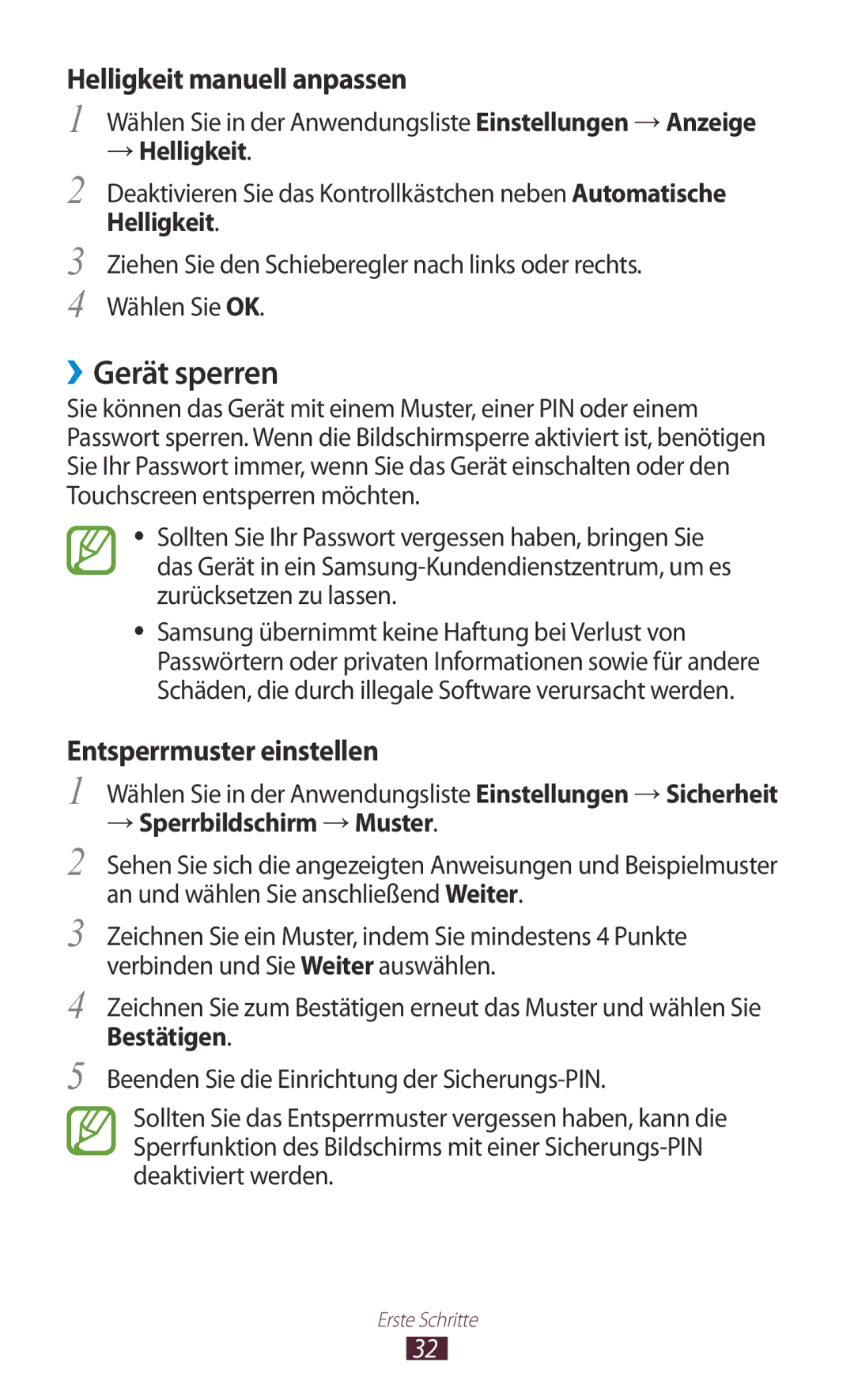 Samsung GT-P7500UWDVIA, GT-P7500UWEDBT, GT-P7500FKAATO, GT-P7500FKDVD2 manual ››Gerät sperren, → Sperrbildschirm → Muster 