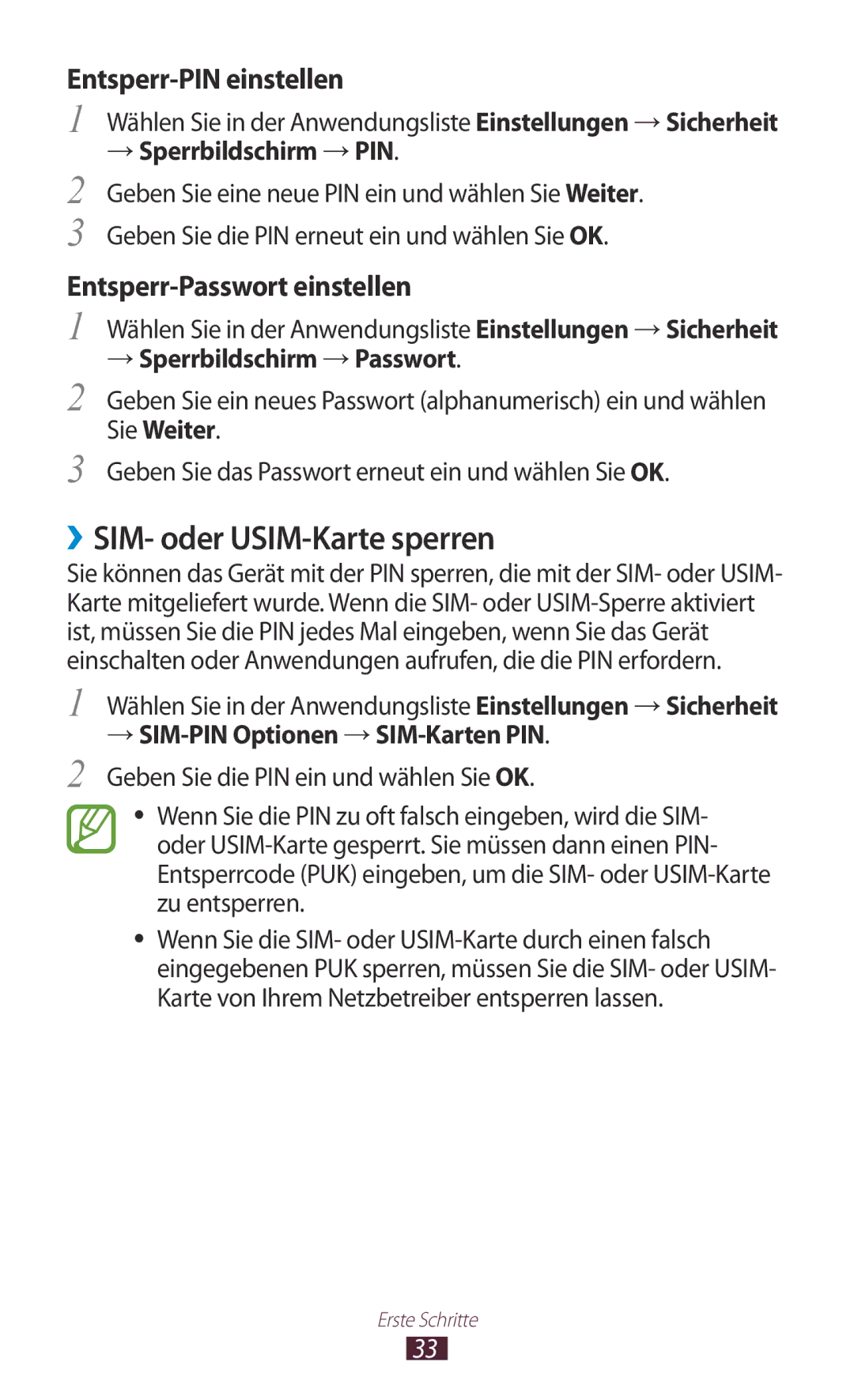 Samsung GT-P7500FKDTMN manual ››SIM- oder USIM-Karte sperren, → Sperrbildschirm → PIN, → Sperrbildschirm → Passwort 