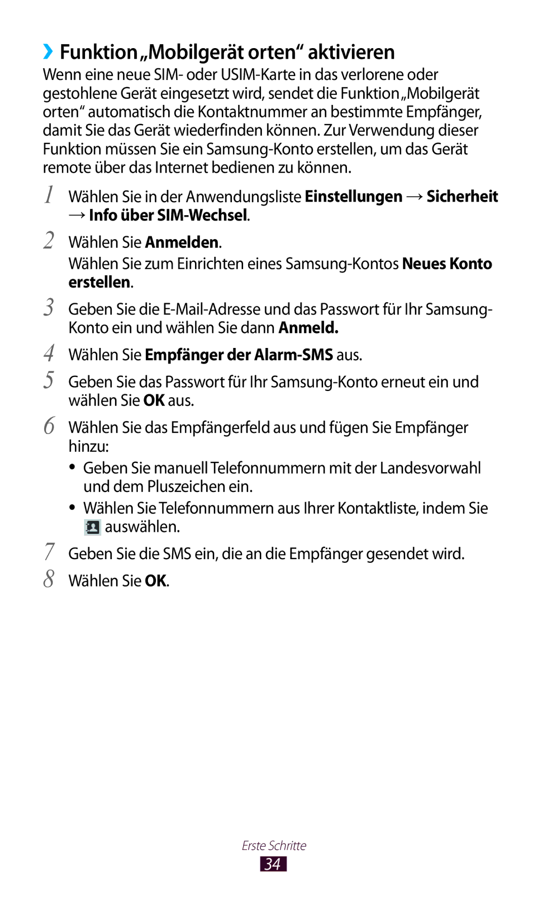 Samsung GT-P7500FKDEPL, GT-P7500UWEDBT manual ››Funktion„Mobilgerät orten aktivieren, Wählen Sie Empfänger der Alarm-SMS aus 