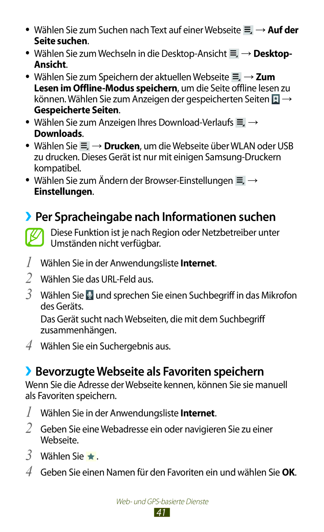 Samsung GT-P7500UWDATO manual ››Bevorzugte Webseite als Favoriten speichern, Seite suchen → Desktop, Ansicht → Zum 