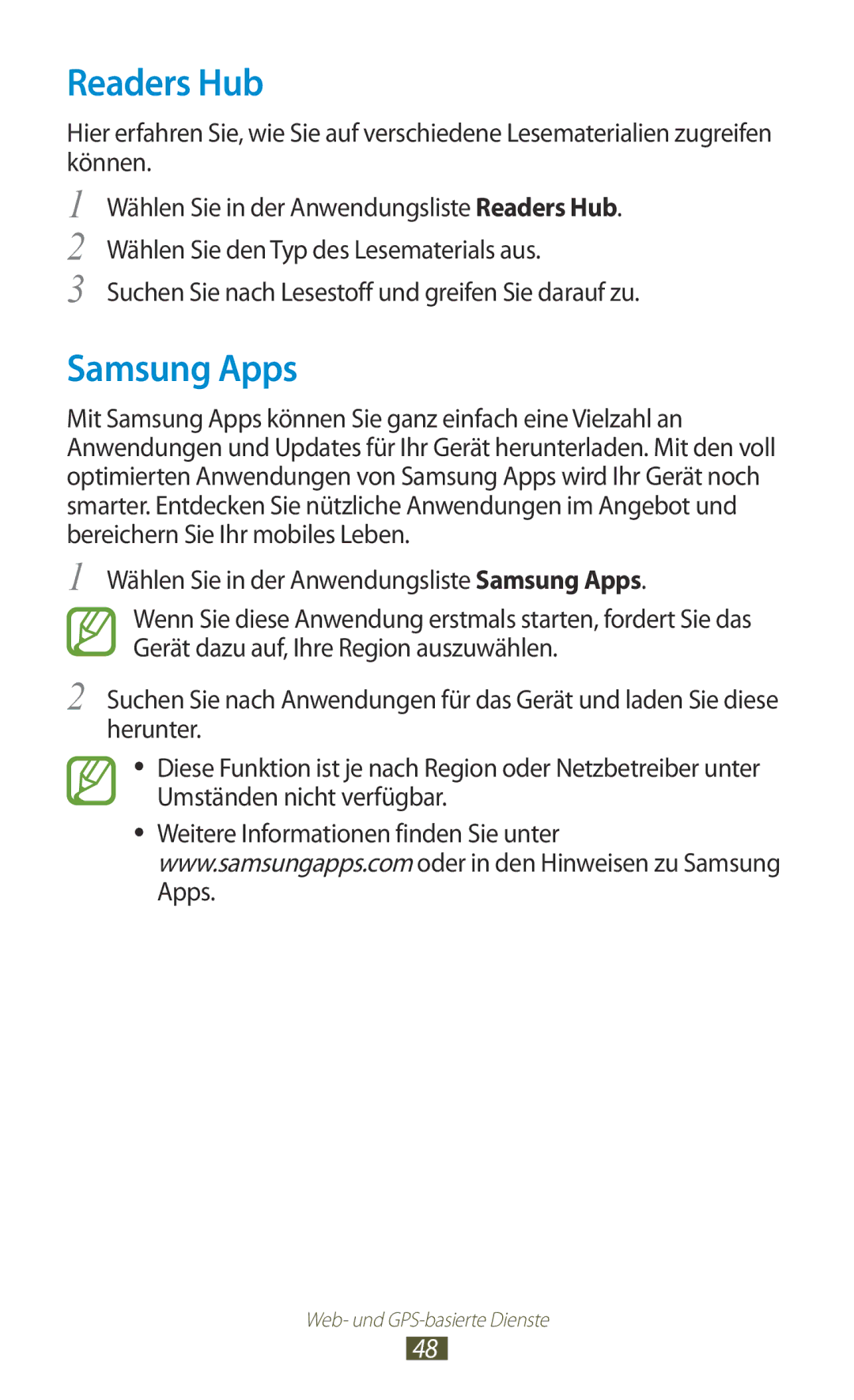 Samsung GT-P7500FKDVD2, GT-P7500UWEDBT manual Readers Hub, Samsung Apps, Suchen Sie nach Lesestoff und greifen Sie darauf zu 