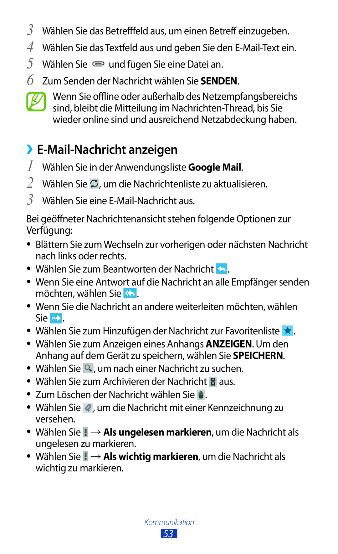 Samsung GT-P7500FKADBT, GT-P7500UWEDBT manual Mail-Nachricht anzeigen, Wählen Sie in der Anwendungsliste Google Mail, Aus 