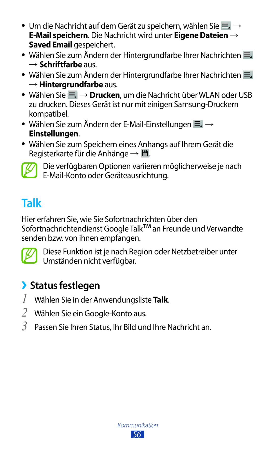 Samsung GT-P7500FKDTMN, GT-P7500UWEDBT, GT-P7500FKAATO Talk, ››Status festlegen, → Schriftfarbe aus, → Hintergrundfarbe aus 