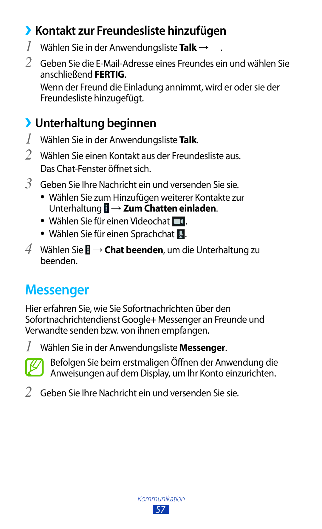 Samsung GT-P7500FKDEPL, GT-P7500UWEDBT manual Messenger, ››Kontakt zur Freundesliste hinzufügen, ››Unterhaltung beginnen 