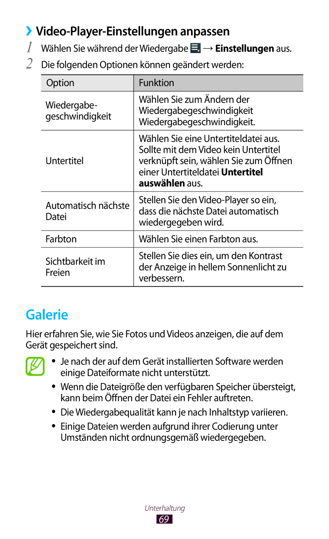 Samsung GT-P7500UWEDBT Galerie, ››Video-Player-Einstellungen anpassen, Einer Untertiteldatei Untertitel, Auswählen aus 