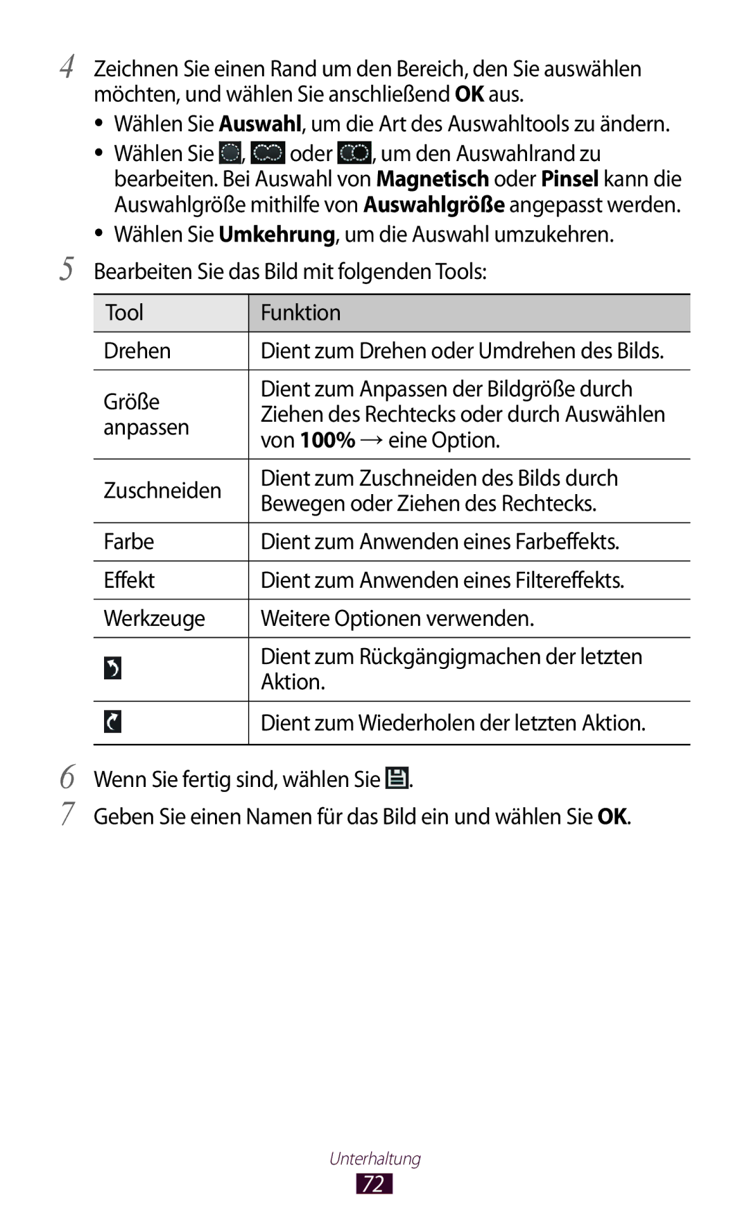 Samsung GT-P7500ZWAATO, GT-P7500UWEDBT Wählen Sie Auswahl, um die Art des Auswahltools zu ändern, Tool Funktion Drehen 