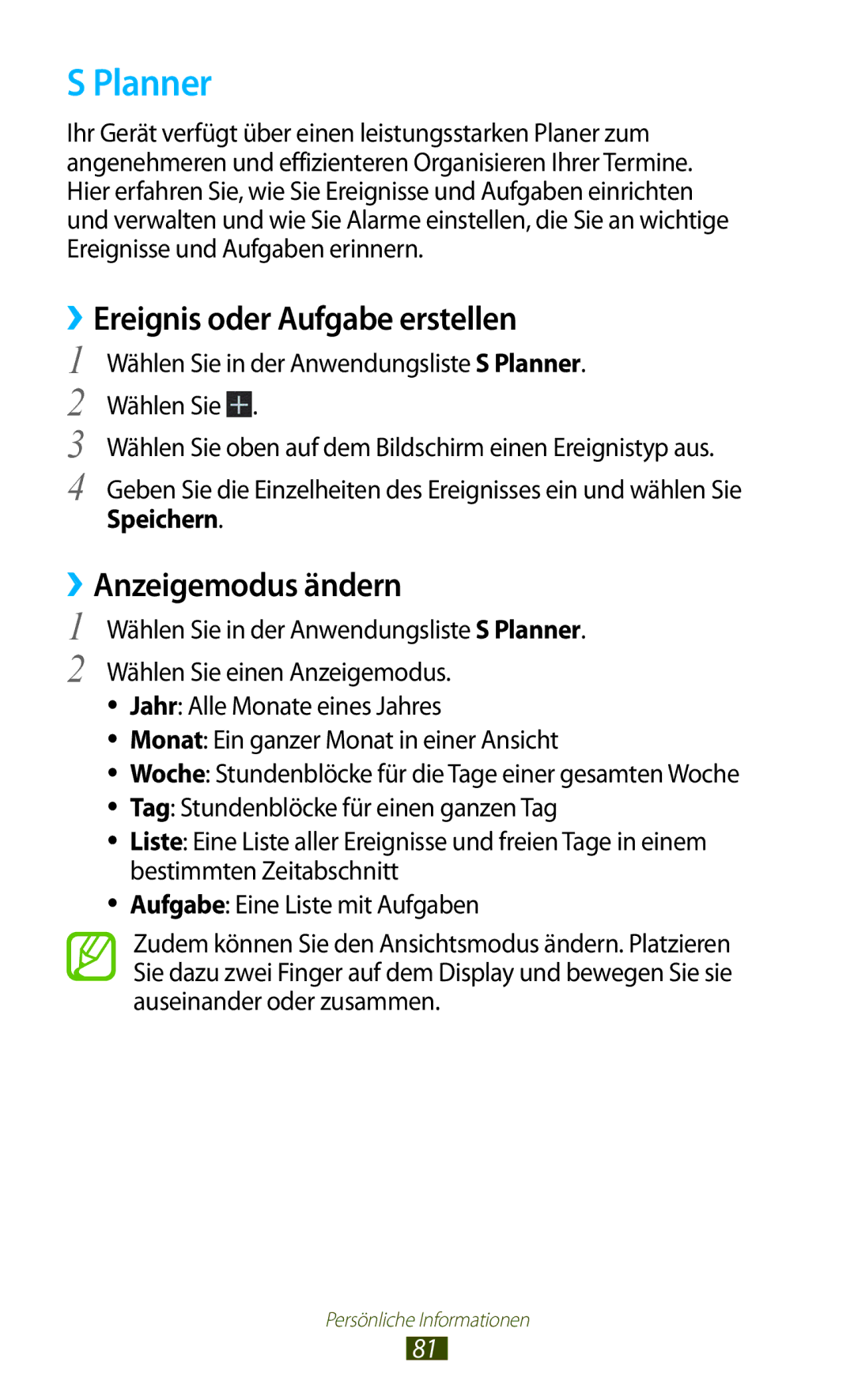 Samsung GT-P7500UWDVD2, GT-P7500UWEDBT manual Planner, ››Ereignis oder Aufgabe erstellen, ››Anzeigemodus ändern, Speichern 