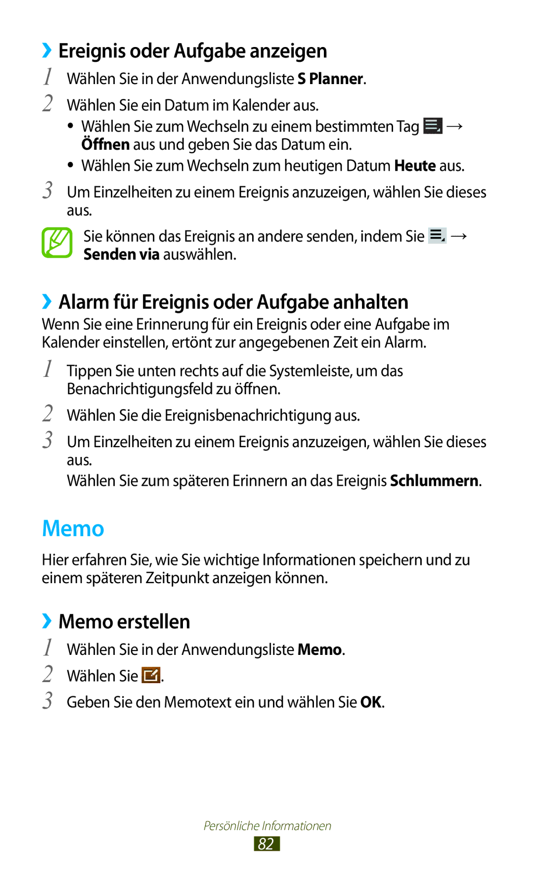 Samsung GT-P7500FKEDBT, GT-P7500UWEDBT Memo, ››Ereignis oder Aufgabe anzeigen, ››Alarm für Ereignis oder Aufgabe anhalten 