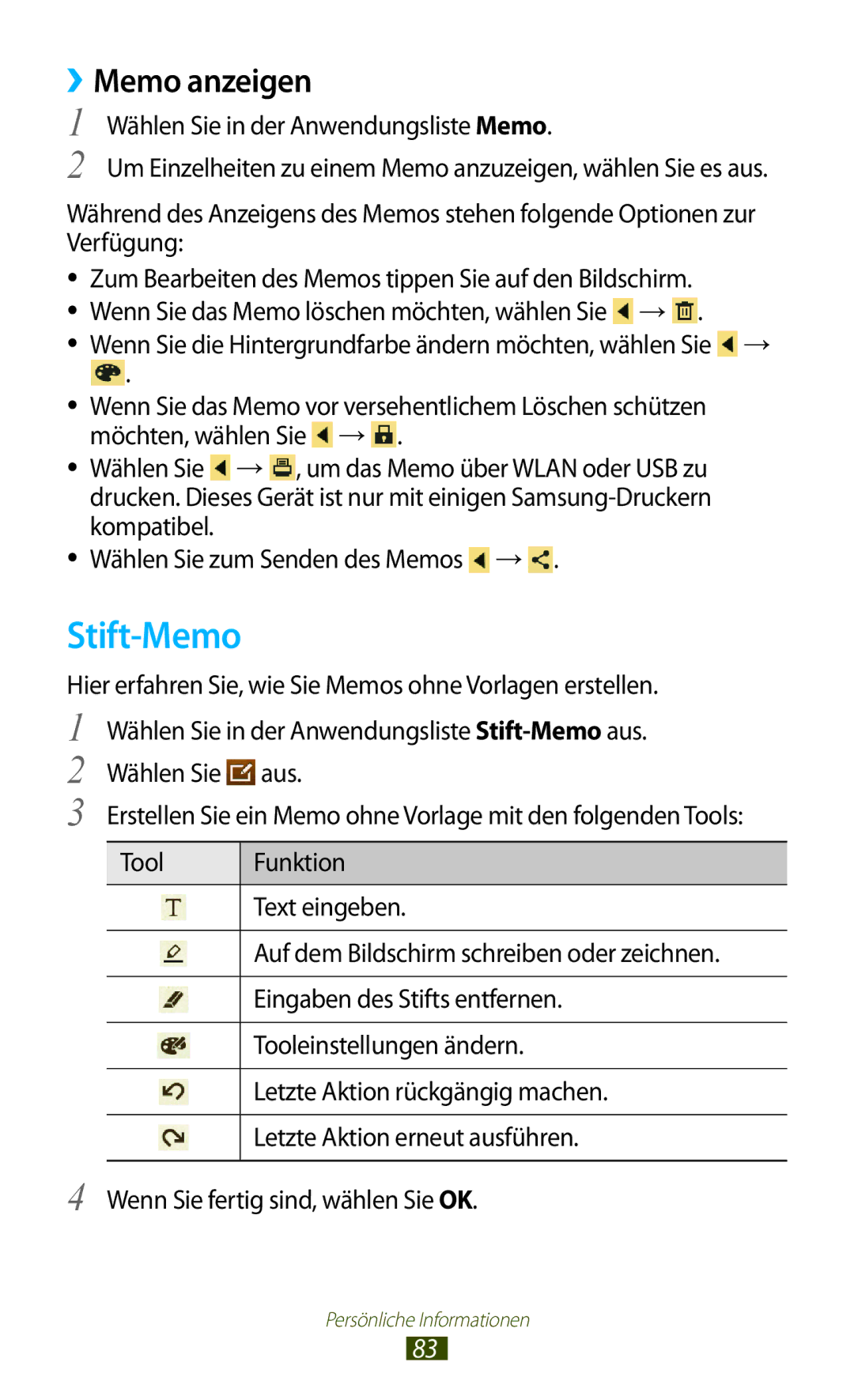 Samsung GT-P7500FKDATO, GT-P7500UWEDBT, GT-P7500FKAATO, GT-P7500FKDVD2, GT-P7500ZWAATO manual Stift-Memo, ››Memo anzeigen 