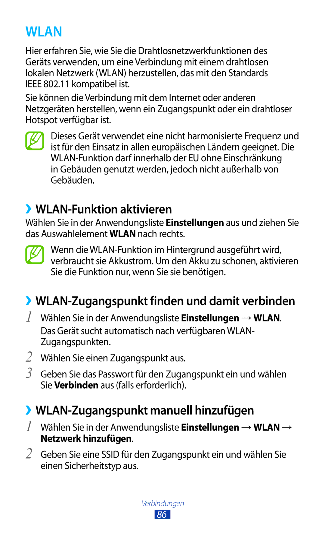 Samsung GT-P7500UWDEPL manual ››WLAN-Funktion aktivieren, ››WLAN-Zugangspunkt manuell hinzufügen, Netzwerk hinzufügen 