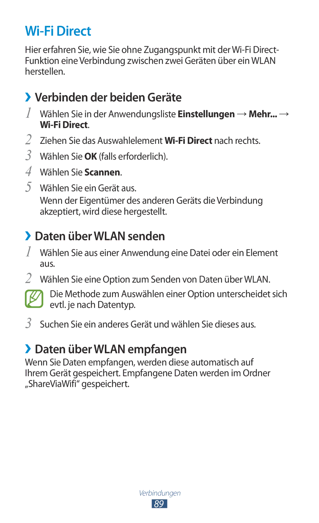 Samsung GT-P7500FKEATO Wi-Fi Direct, ››Verbinden der beiden Geräte, ››Daten über Wlan senden, ››Daten über Wlan empfangen 