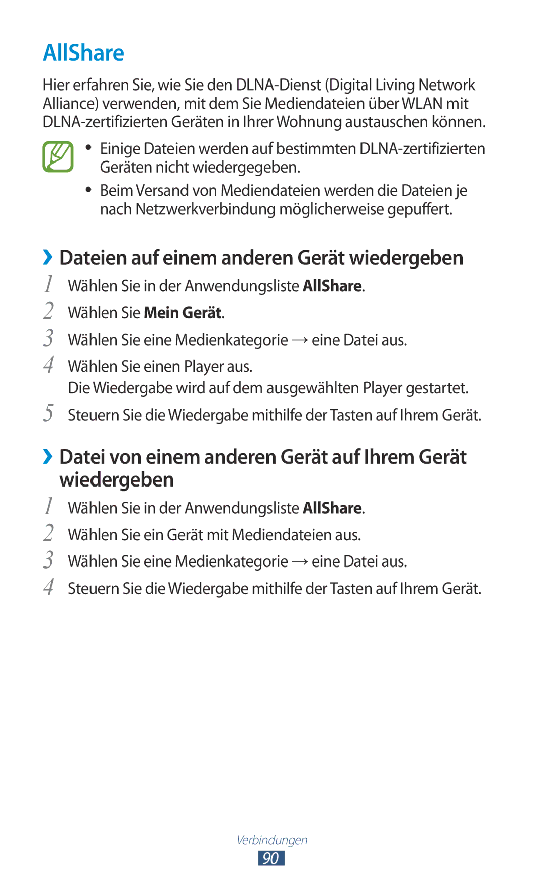 Samsung GT-P7500FKDVIA, GT-P7500UWEDBT, GT-P7500FKAATO manual AllShare, ››Dateien auf einem anderen Gerät wiedergeben 