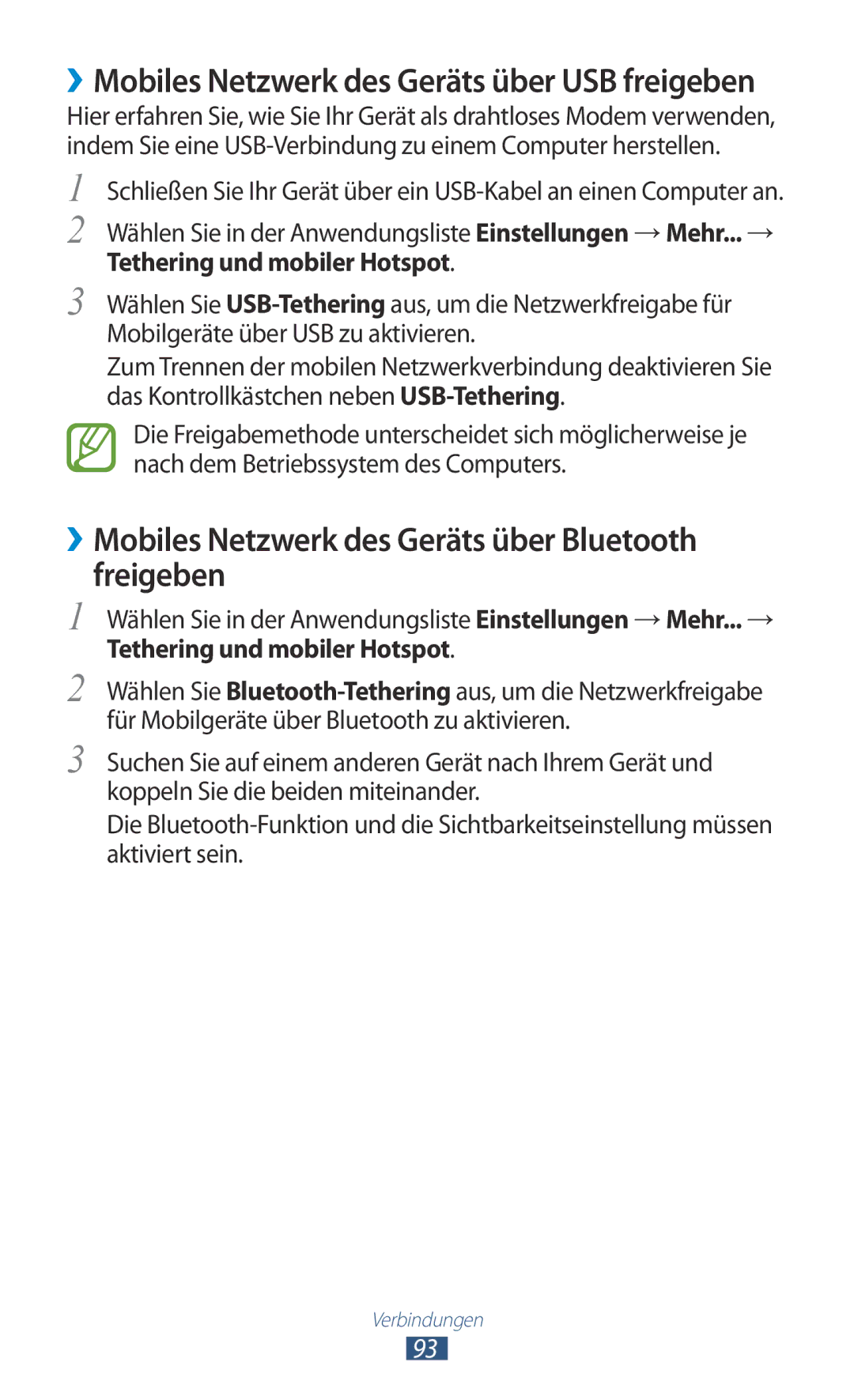 Samsung GT-P7500FKAATO, GT-P7500UWEDBT, GT-P7500FKDVD2 manual ››Mobiles Netzwerk des Geräts über Bluetooth freigeben 