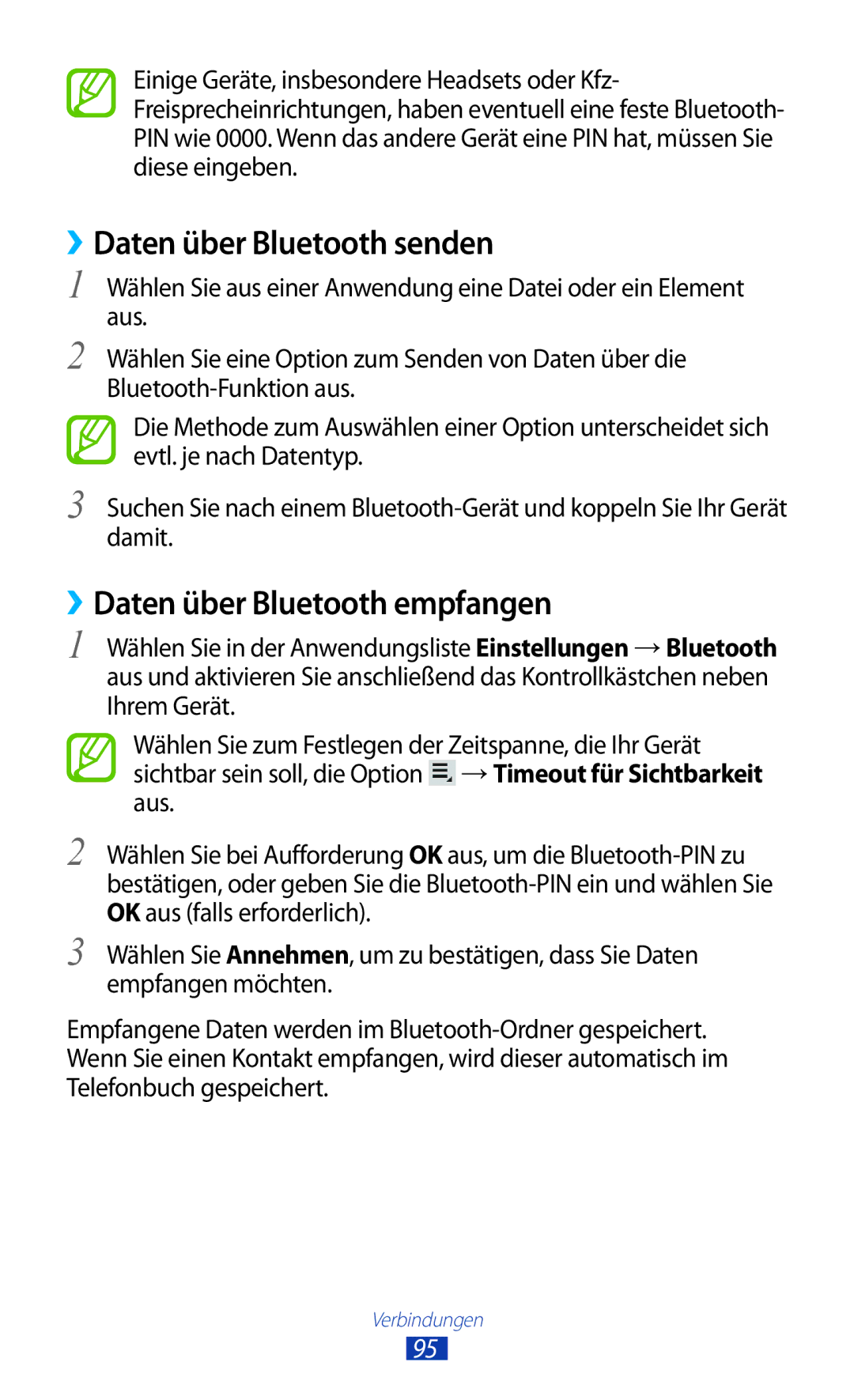 Samsung GT-P7500ZWAATO, GT-P7500UWEDBT, GT-P7500FKAATO manual ››Daten über Bluetooth senden, ››Daten über Bluetooth empfangen 