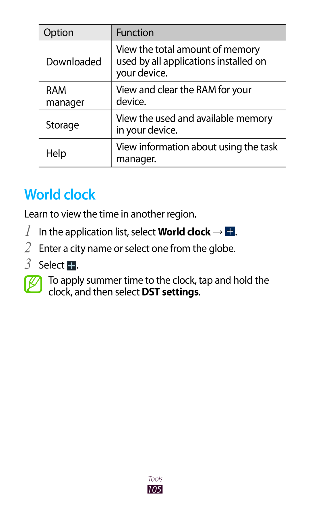 Samsung GT-P7500FKDXXV, GT-P7500UWEDBT, GT-P7500FKAATO, GT-P7500FKDVD2 World clock, View information about using the task 