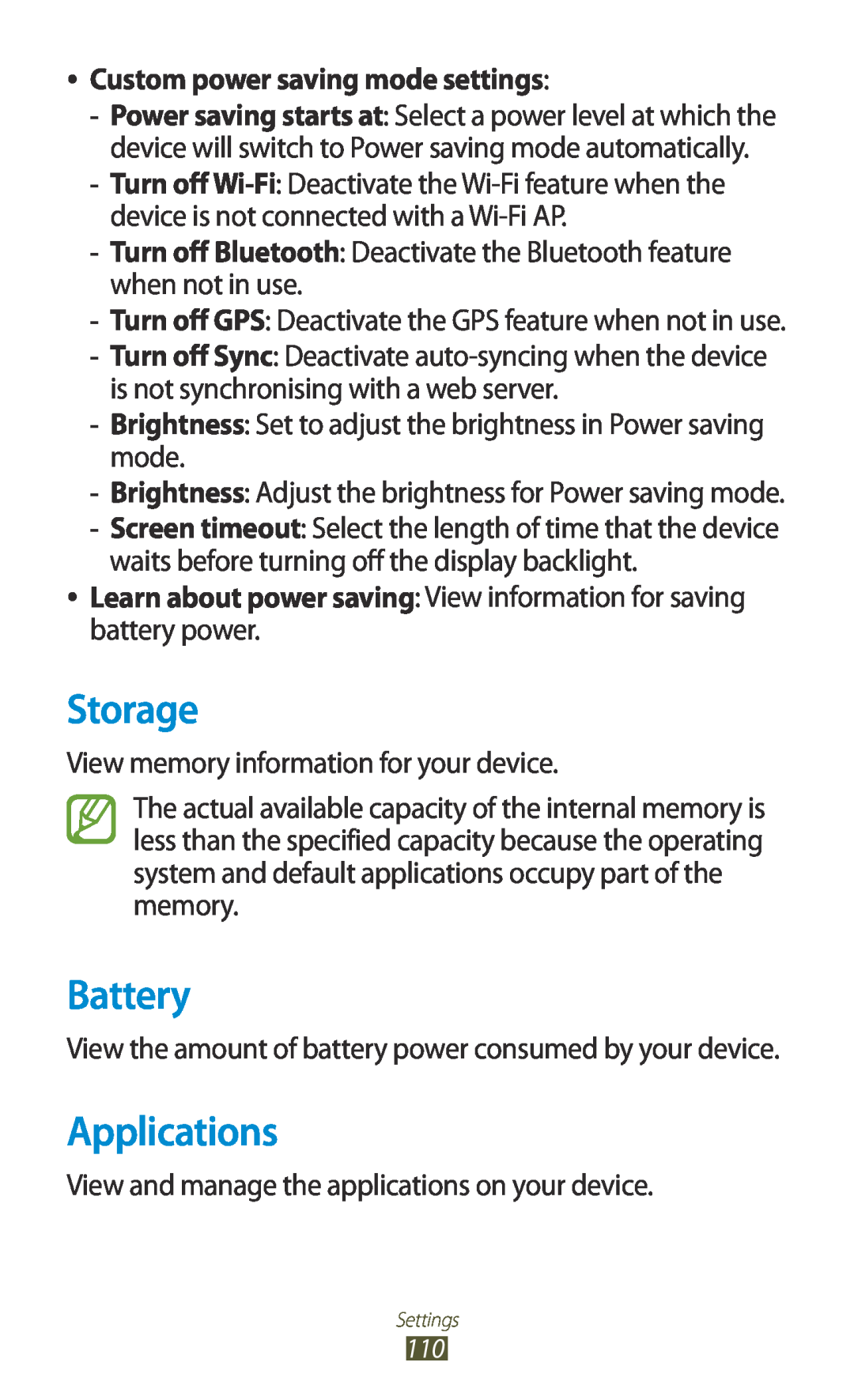 Samsung GT-P7500UWDMTL, GT-P7500UWEDBT, GT-P7500FKAATO Storage, Battery, Applications, Custom power saving mode settings 