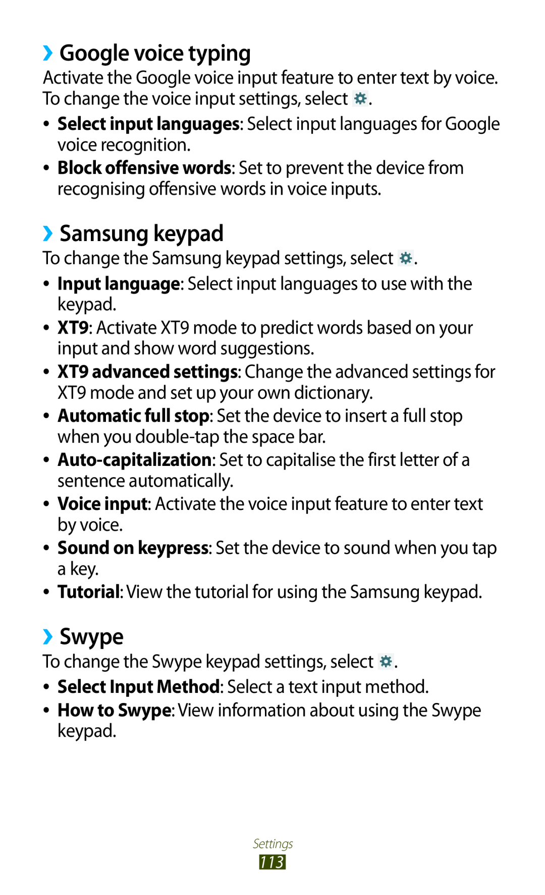 Samsung GT-P7500UWEBGL, GT-P7500UWEDBT, GT-P7500FKAATO, GT-P7500FKDVD2 manual ››Google voice typing, ››Samsung keypad, ››Swype 