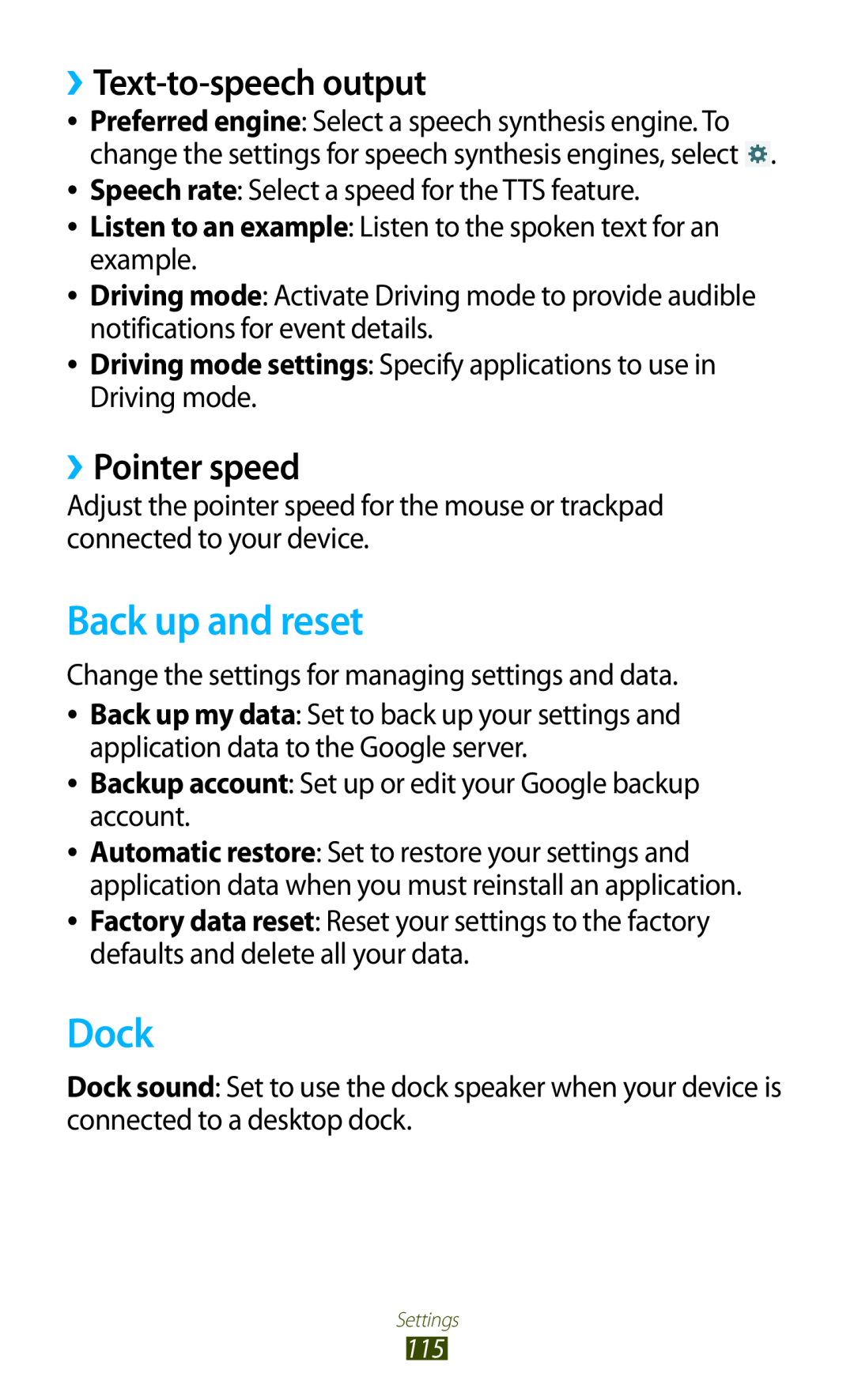 Samsung GT-P7500UWDGBL, GT-P7500UWEDBT, GT-P7500FKAATO Back up and reset, Dock, ››Text-to-speech output, ››Pointer speed 