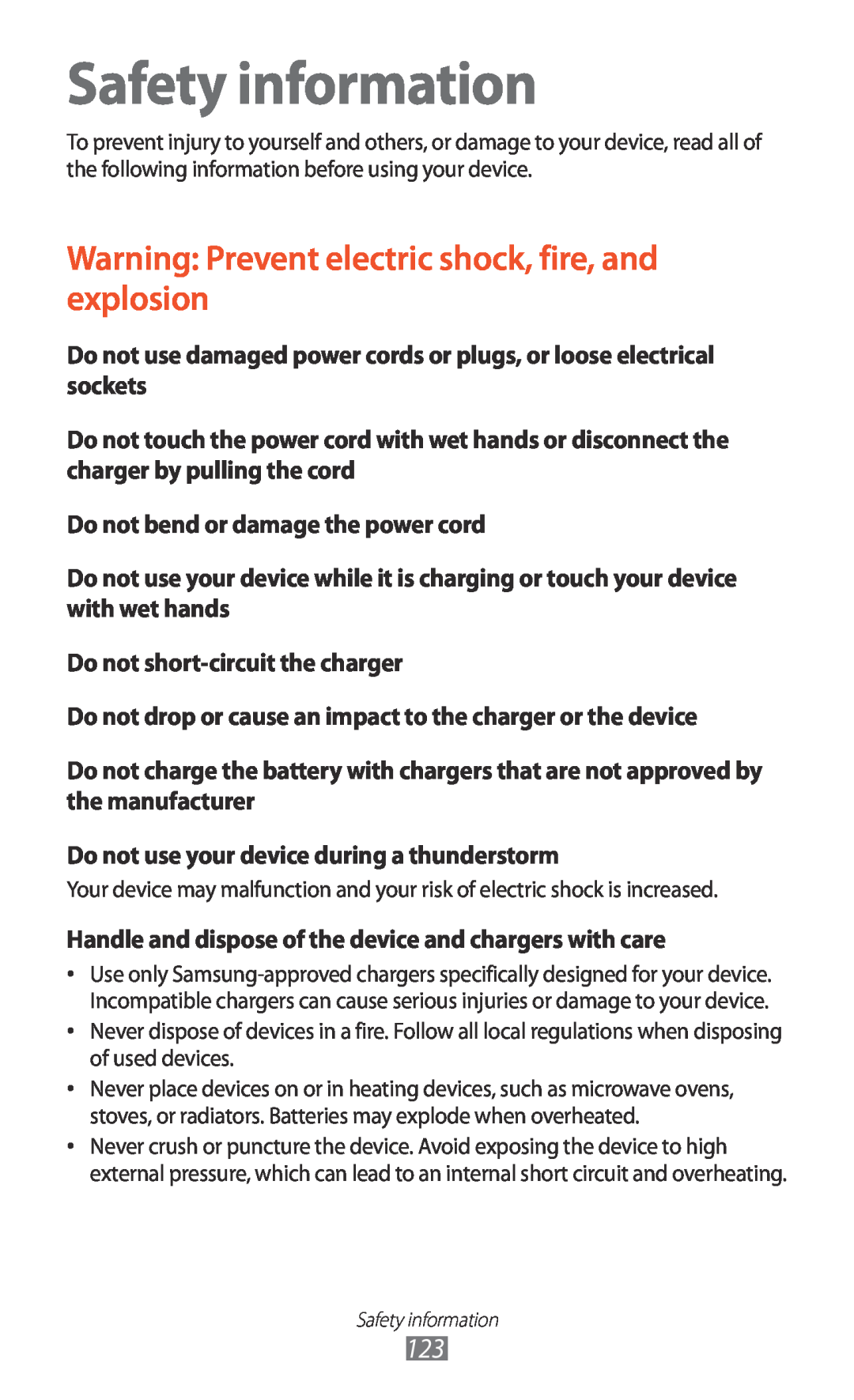 Samsung GT-P7500UWDVDC, GT-P7500UWEDBT manual Safety information, Warning Prevent electric shock, fire, and explosion 