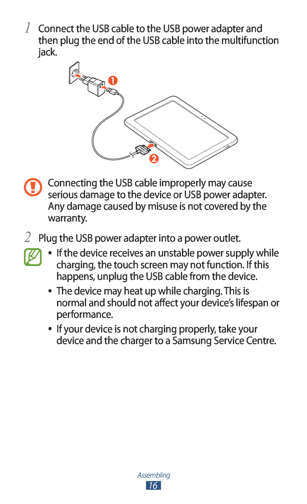 Samsung GT-P7500ZWDATO, GT-P7500UWEDBT, GT-P7500FKAATO, GT-P7500FKDVD2 manual Plug the USB power adapter into a power outlet 