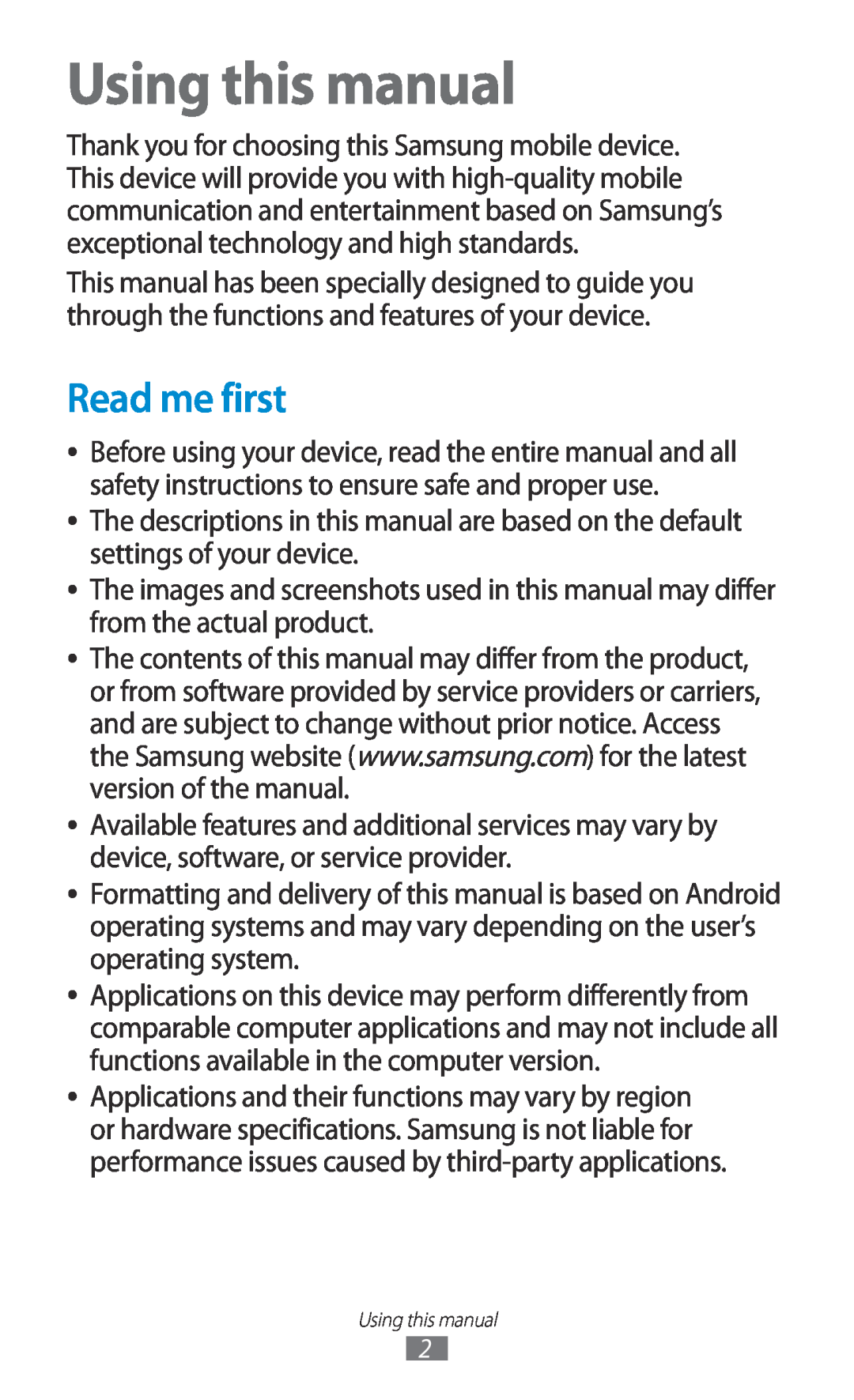 Samsung GT-P7500FKDVD2, GT-P7500UWEDBT, GT-P7500FKAATO, GT-P7500ZWAATO, GT-P7500UWDDRE Using this manual, Read me first 