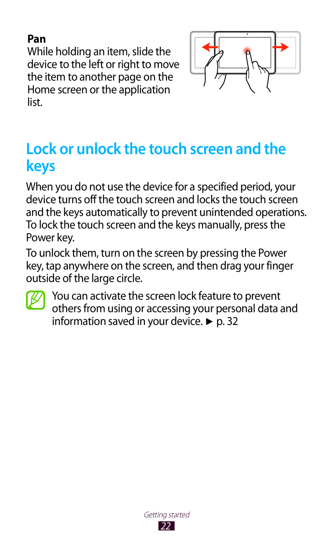 Samsung GT-P7500FKDDBT, GT-P7500UWEDBT, GT-P7500FKAATO, GT-P7500FKDVD2 manual Lock or unlock the touch screen and the keys 