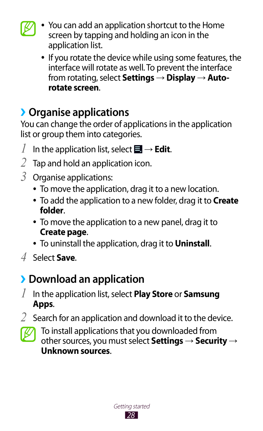 Samsung GT-P7500UWEXEF, GT-P7500UWEDBT, GT-P7500FKAATO manual ››Organise applications, ››Download an application, Apps 