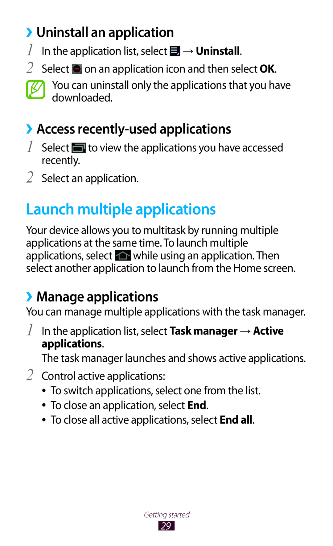 Samsung GT-P7500UWDFTM manual Launch multiple applications, ››Uninstall an application, ››Access recently-used applications 