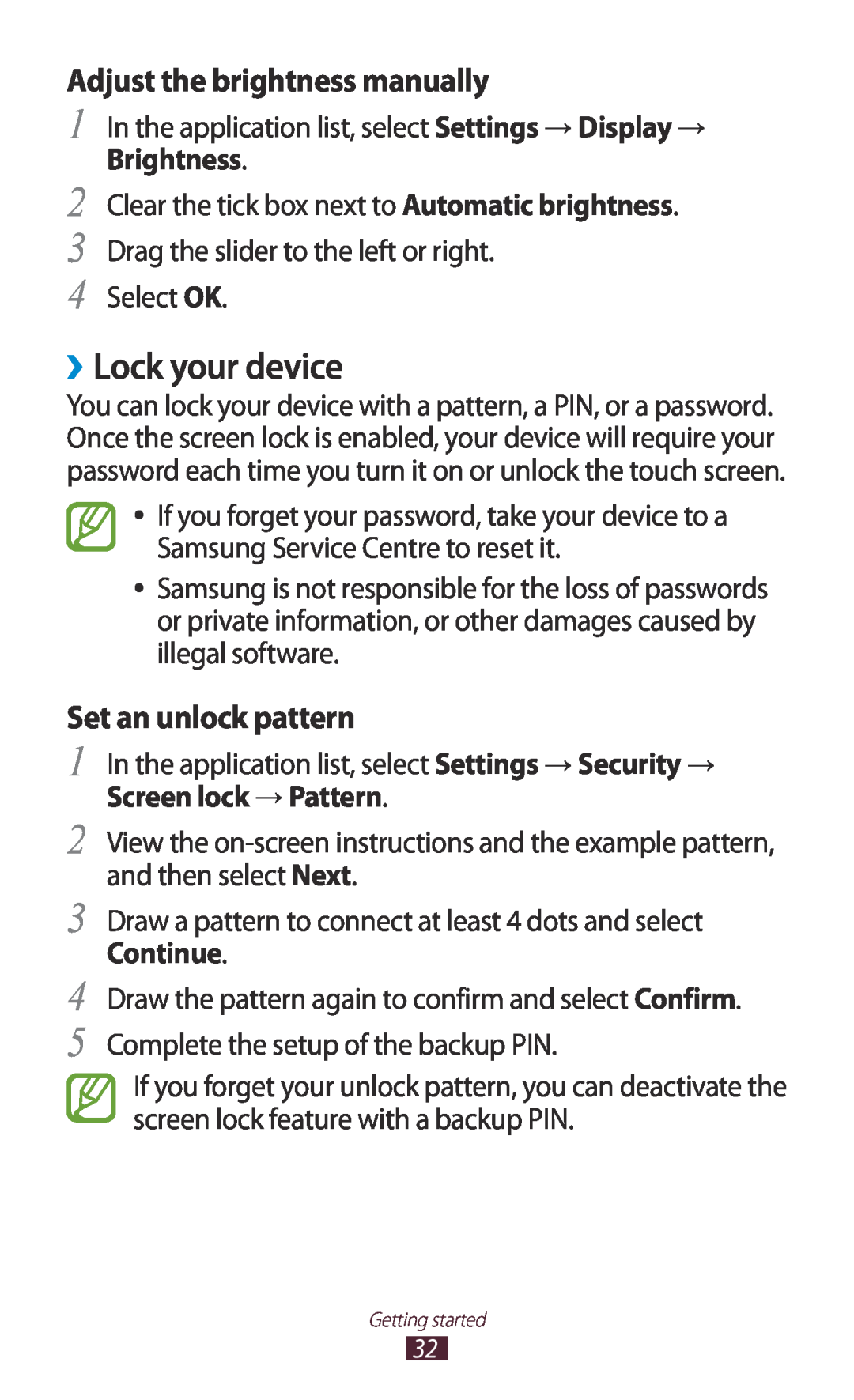 Samsung GT-P7500UWDHUI, GT-P7500UWEDBT ››Lock your device, Adjust the brightness manually, Set an unlock pattern 