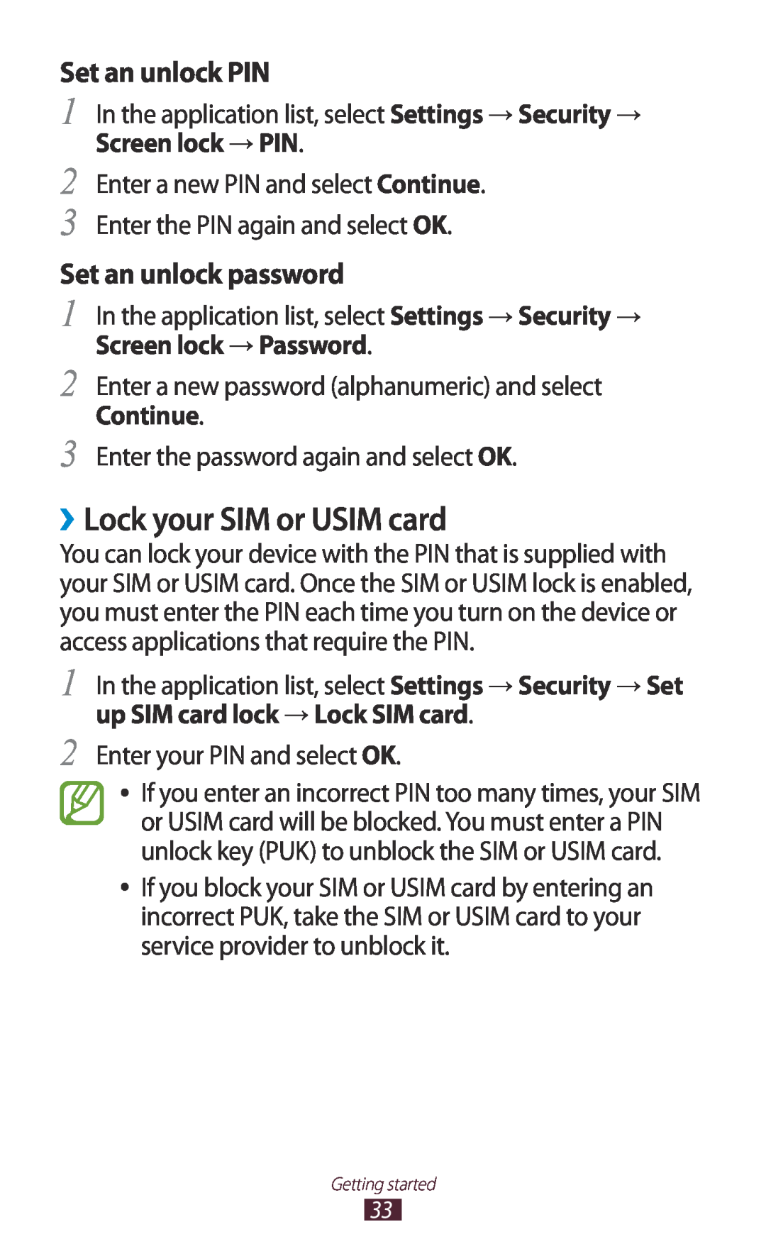 Samsung GT-P7500FKDITV, GT-P7500UWEDBT manual ››Lock your SIM or USIM card, Set an unlock PIN, Set an unlock password 