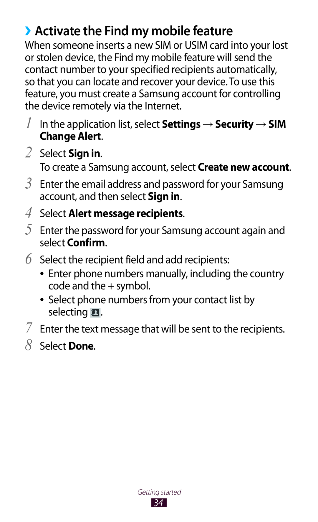 Samsung GT-P7500UWDWIN manual ››Activate the Find my mobile feature, Change Alert, Select Alert message recipients 