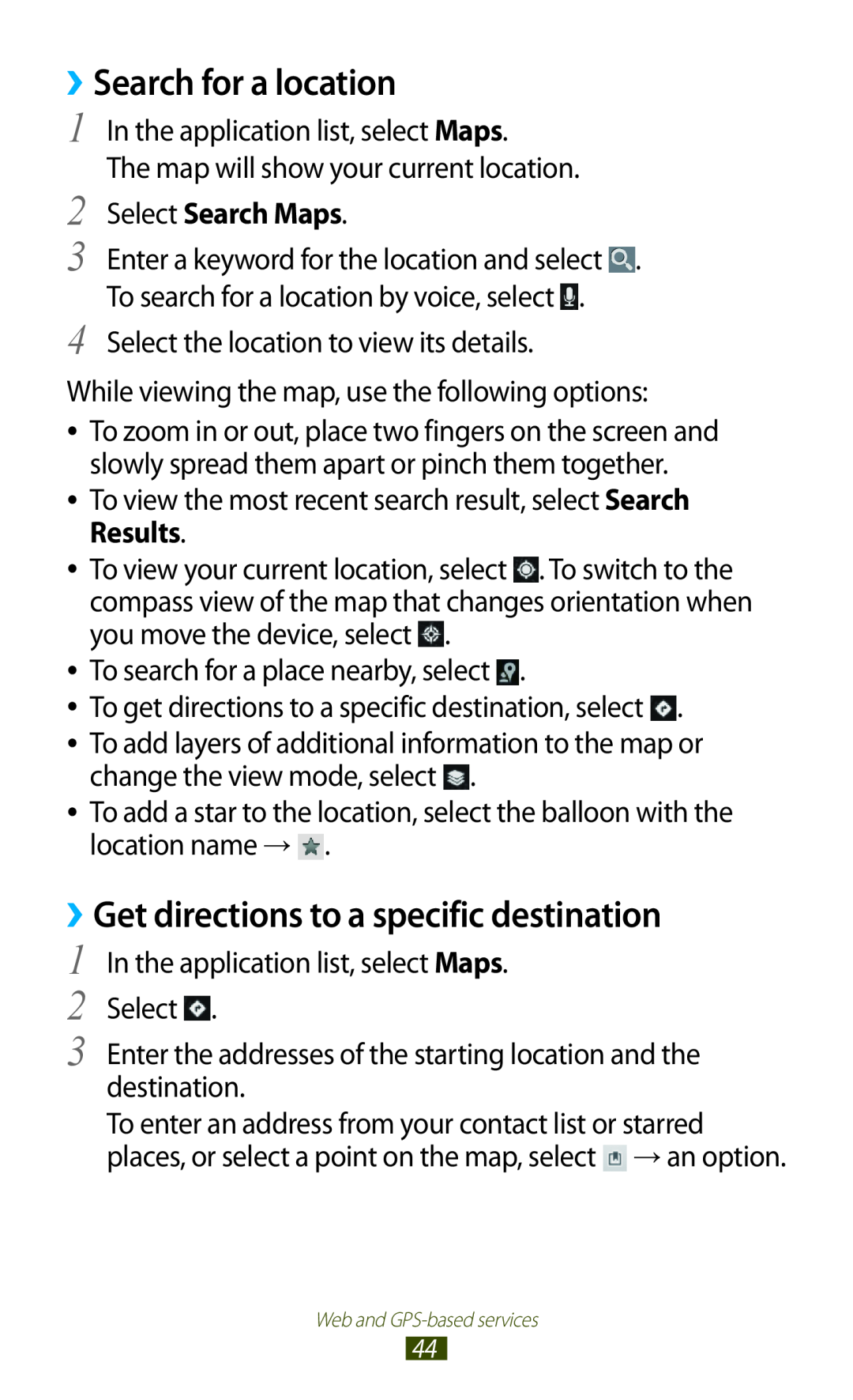 Samsung GT-P7500UWDATL manual Search for a location, ››Get directions to a specific destination, Select Search Maps 