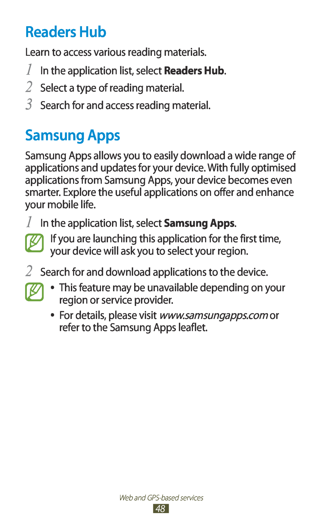 Samsung GT-P7500CWAAMN, GT-P7500UWEDBT, GT-P7500FKAATO, GT-P7500FKDVD2, GT-P7500ZWAATO manual Readers Hub, Samsung Apps 