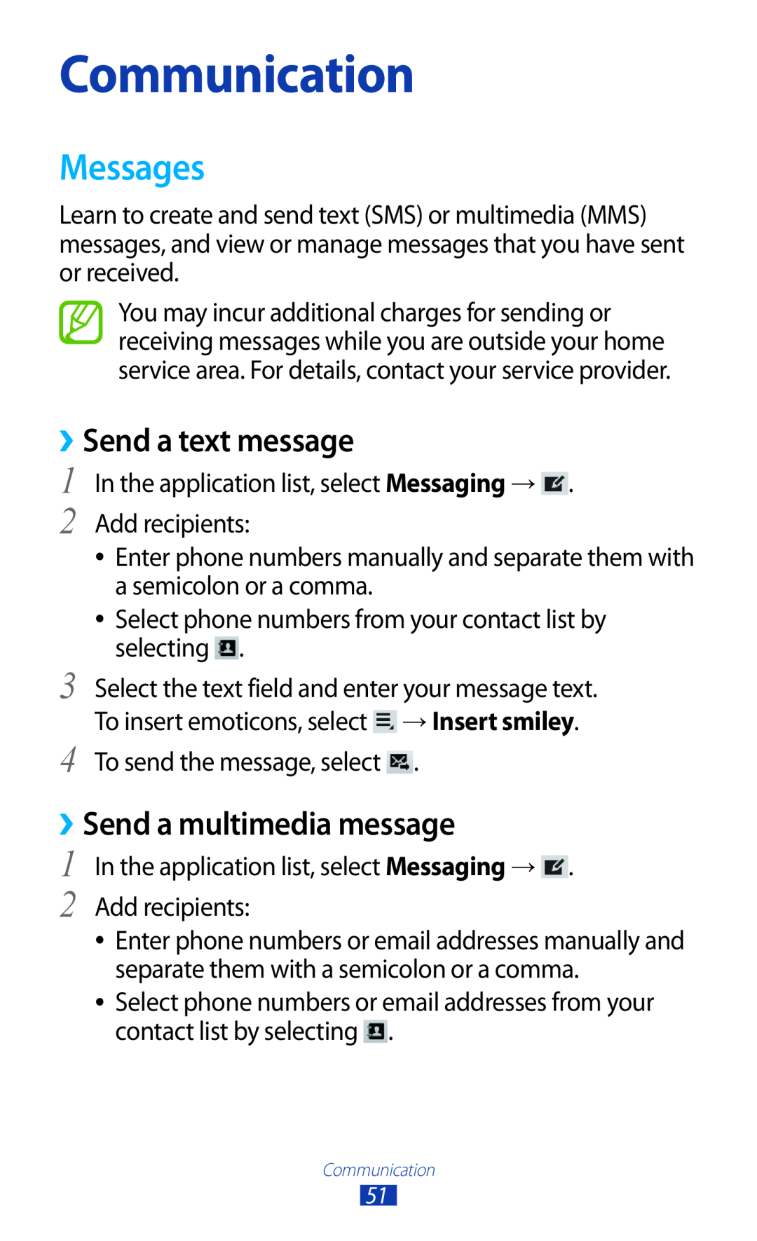 Samsung GT-P7500UWDXSG, GT-P7500UWEDBT manual Communication, Messages, ››Send a text message, ››Send a multimedia message 