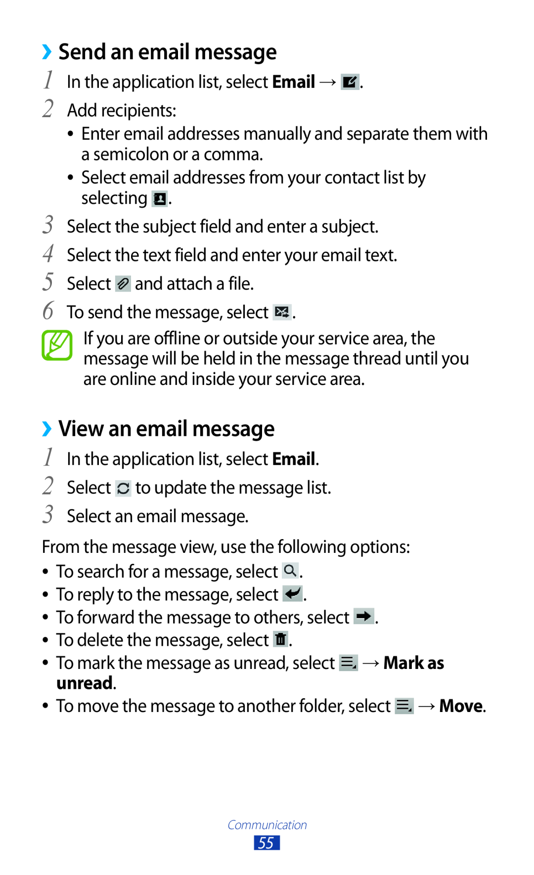Samsung GT-P7500FKDSKZ, GT-P7500UWEDBT, GT-P7500FKAATO, GT-P7500FKDVD2 manual ››Send an email message, ››View an email message 