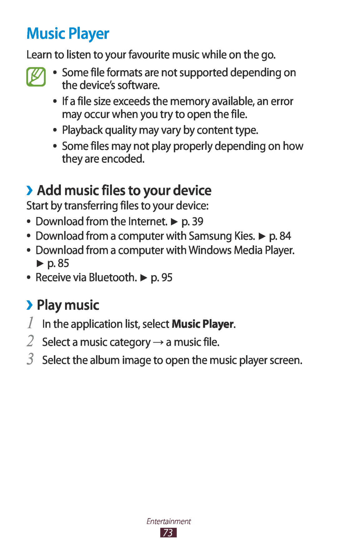 Samsung GT-P7500UWDBTC, GT-P7500UWEDBT, GT-P7500FKAATO manual Music Player, ››Add music files to your device, ››Play music 