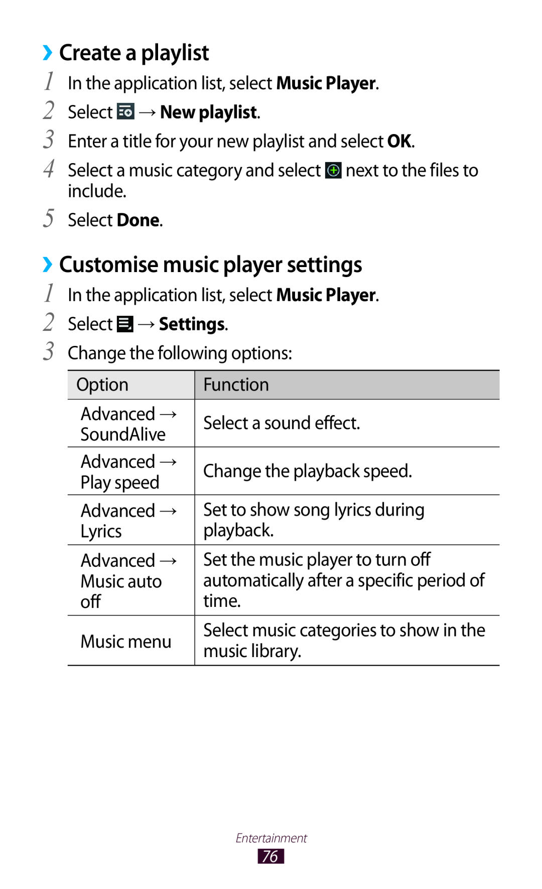 Samsung GT-P7500FKAKSA, GT-P7500UWEDBT manual Create a playlist, ››Customise music player settings, Select → New playlist 