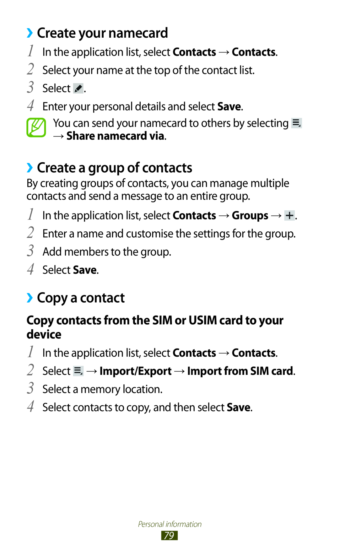 Samsung GT-P7500ZWDAFR, GT-P7500UWEDBT manual ››Create your namecard, ››Create a group of contacts, ››Copy a contact 