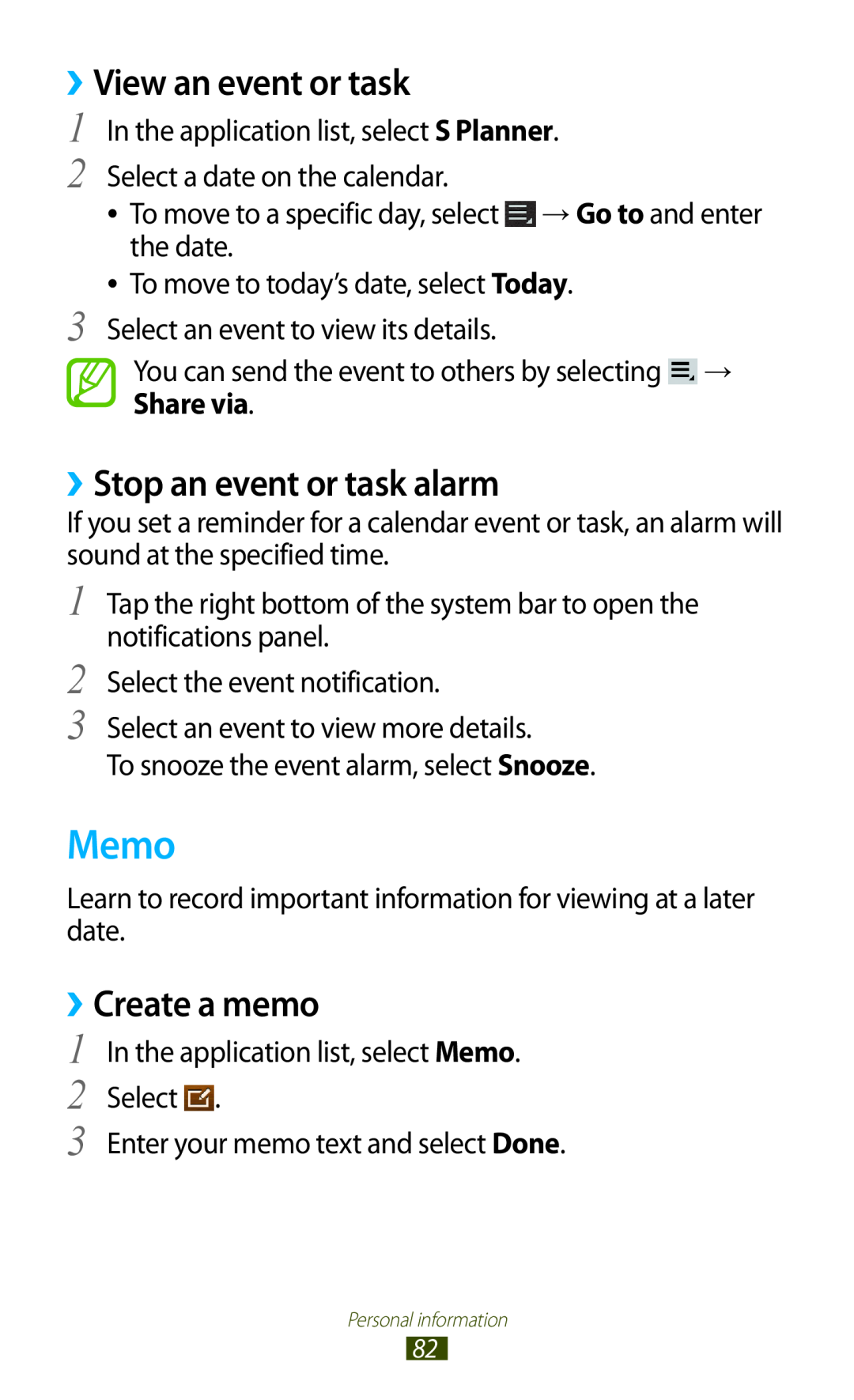 Samsung GT-P7500FKESKZ, GT-P7500UWEDBT manual Memo, ››View an event or task, ››Stop an event or task alarm, ››Create a memo 
