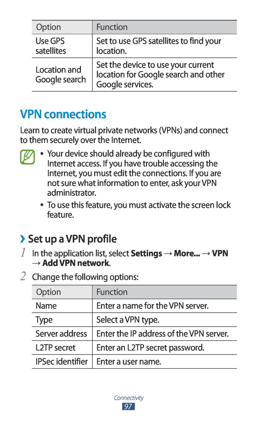 Samsung GT-P7500FKDXSG, GT-P7500UWEDBT, GT-P7500FKAATO, GT-P7500FKDVD2 manual VPN connections, ››Set up a VPN profile 