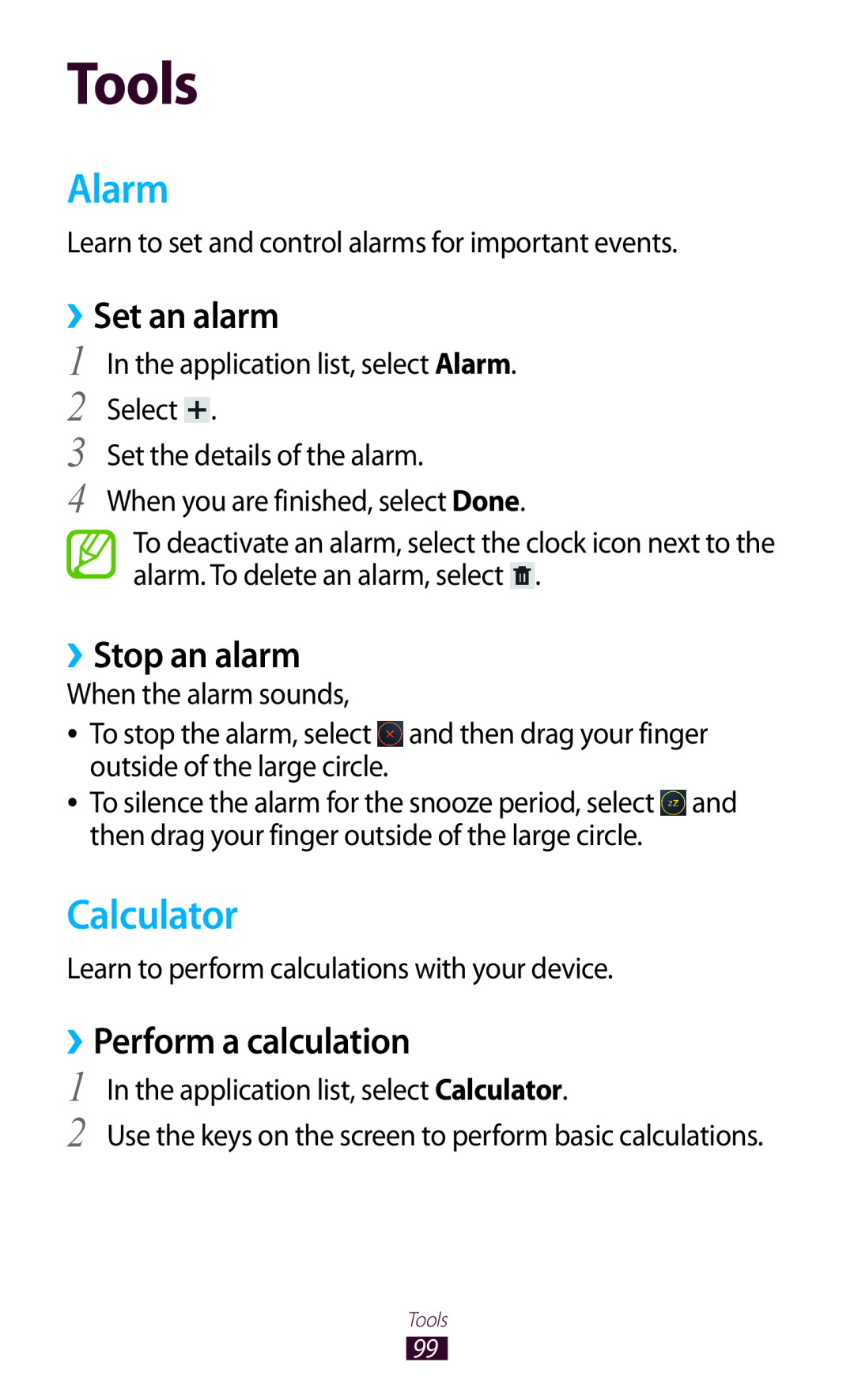 Samsung GT-P7500UWDTHR, GT-P7500UWEDBT Tools, Alarm, Calculator, ››Set an alarm, ››Stop an alarm, ››Perform a calculation 