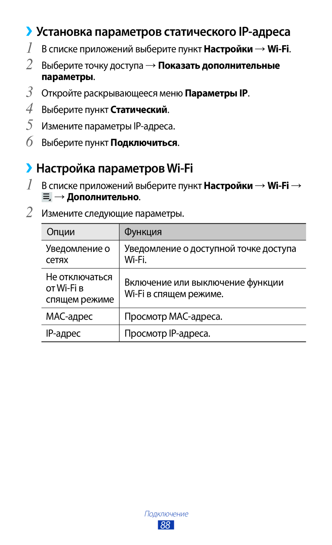 Samsung GT-P7500FKASER, GT-P7500UWESER, GT-P7500UWDSER, GT-P7500ZWASER manual ››Настройка параметров Wi-Fi, Параметры 