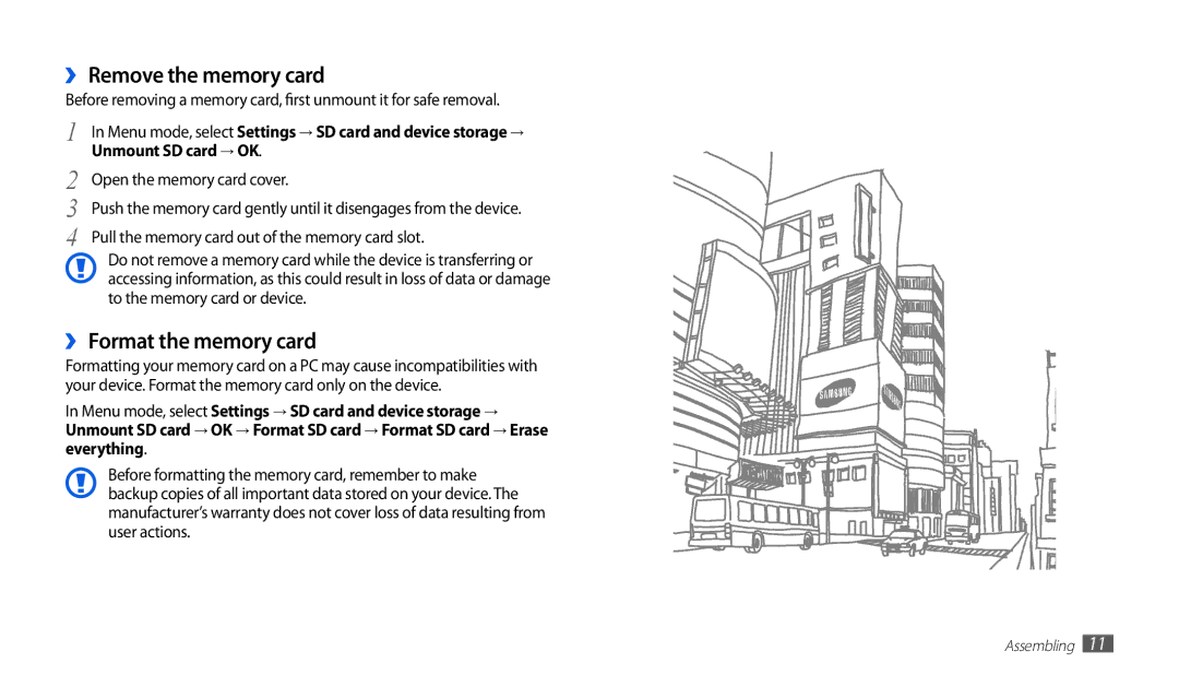 Samsung GT-P1000CWAXEU, GT-P7501UWEDBT user manual ›› Remove the memory card, ›› Format the memory card 