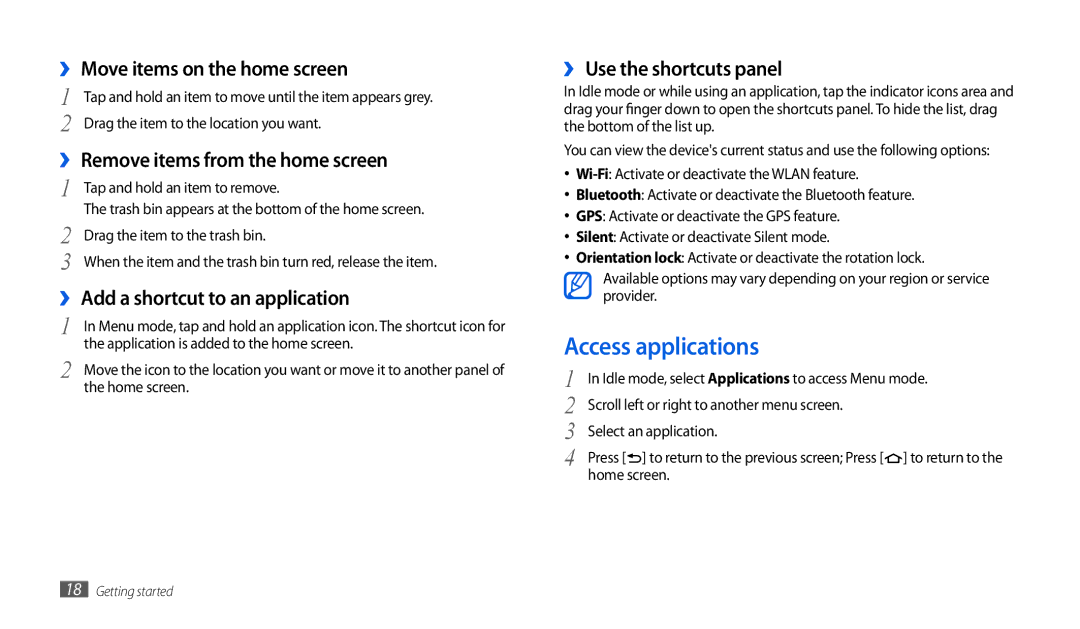 Samsung GT-P7501UWEDBT Access applications, ›› Move items on the home screen, ›› Remove items from the home screen 