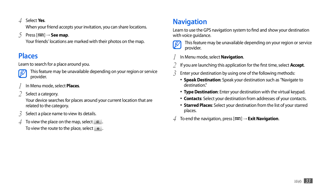 Samsung GT-P1000CWAXEU, GT-P7501UWEDBT user manual Places, Navigation 