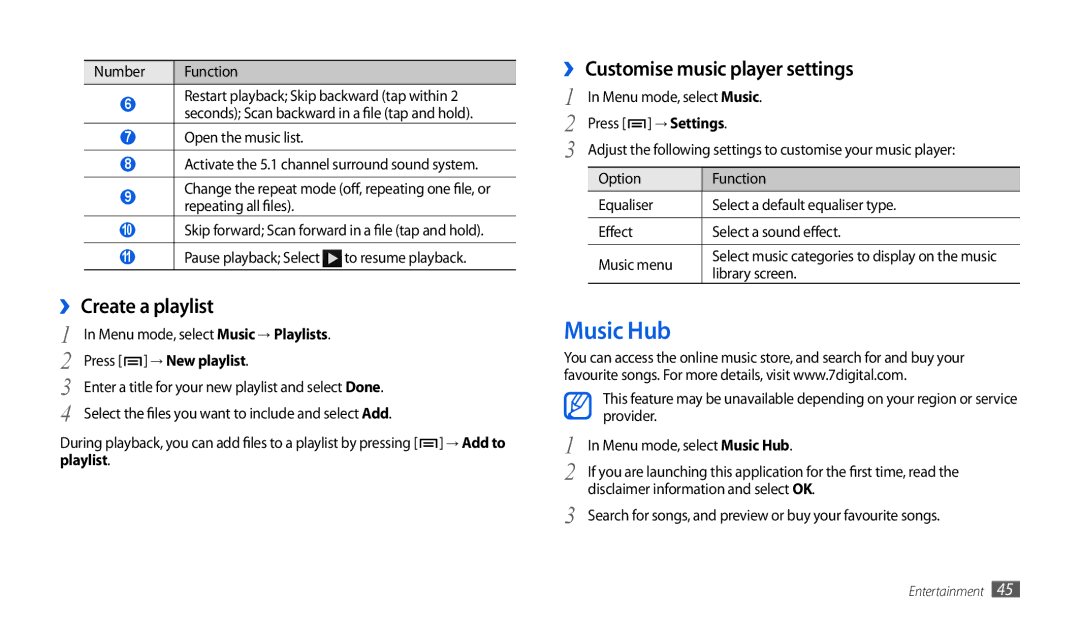 Samsung GT-P1000CWAXEU Music Hub, ›› Create a playlist, ›› Customise music player settings, Press → New playlist 